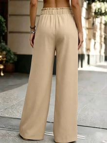 SHEIN Holidaya Women's Khaki Wrap Front Linen Wide Leg Pants Elegant Casual High Waist Trousers For Spring Summer Office Work V - Khaki - View 2