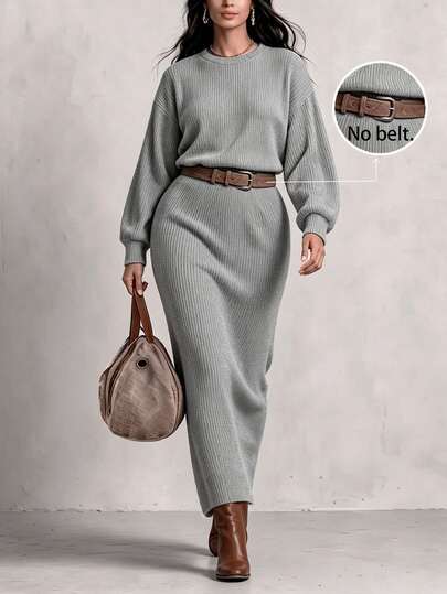 Linhara CURVE Plus Size Women's Knit Regular Fit Autumn/Winter European & American French Vintage Elegant Commute Lazy High-End Grey Textured Dropped Shoulder Drop Shoulder Cinched Waist Round Neck Loose Long Dress