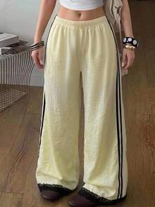 SHEIN Teen Girl Teen Girls Patchwork Webbing Black Pony Print Lace Patchwork Fashion Ripped Baggy Casual Streetwear Long Pants Work Formal Summer - Yellow - View 1
