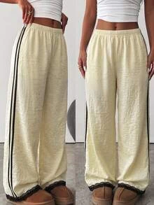 SHEIN Teen Girl Teen Girls Patchwork Webbing Black Pony Print Lace Patchwork Fashion Ripped Baggy Casual Streetwear Long Pants Work Formal Summer - Yellow - View 5