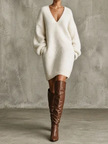 SHEIN New Spring Fall Coquette Plush Texture V Neck Sweater Mini Dress Women Drop Shoulder Balloon Cuff Sleeve - White - View 5