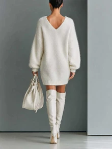 SHEIN New Spring Fall Coquette Plush Texture V Neck Sweater Mini Dress Women Drop Shoulder Balloon Cuff Sleeve - White - View 2