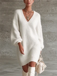 SHEIN New Spring Fall Coquette Plush Texture V Neck Sweater Mini Dress Women Drop Shoulder Balloon Cuff Sleeve - White - View 8