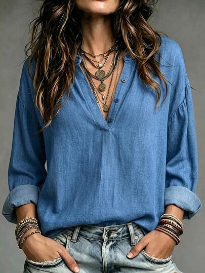 SHEIN Holidaya Women's Crew Neck Long Sleeve Pullover Top, Elegant Urban Modern Outdoor Commute Business Office Fashion Casual Gathering Blouse