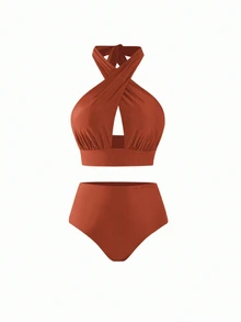 Swim Oasis 大尺碼女款焦橙色比基尼套裝，交叉掛脖鏤空上衣搭配高腰褲與圖案網紗長裙，夏季海灘黑色 - 彩色 - 查看 3