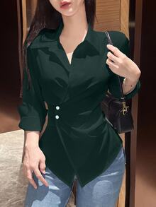 EMERY ROSE Women's Plain Color Long Sleeve Wrap Blouse, Spring Autumn Women Shirt Fall Cloth For Women - Dark Green - View 1