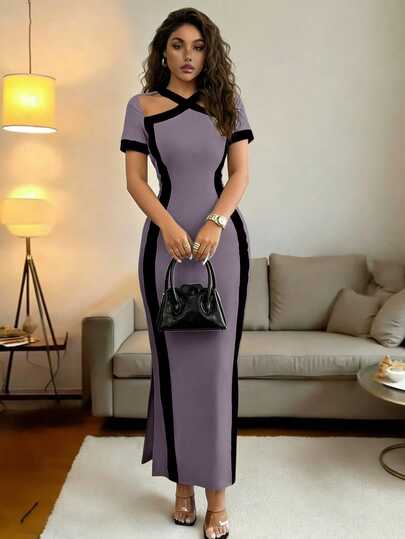 Rafferiza Women's Elegant Sexy Hollow Out Contrast Color Criss-Cross Neckline Slit Short Sleeve Fitted Bodycon Long Dress, Solid Apricot With Black Contrast, Versatile Dress For Spring And Summer