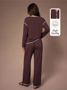 Lazeform 100% Cotton Contrast Trim Women's Pajama Set Casual Loungewear - Coffee Brown - View 3