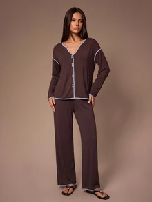 Lazeform 100% Cotton Contrast Trim Women's Pajama Set Casual Loungewear - Coffee Brown - View 8