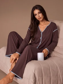 Lazeform 100% Cotton Contrast Trim Women's Pajama Set Casual Loungewear - Coffee Brown - View 7