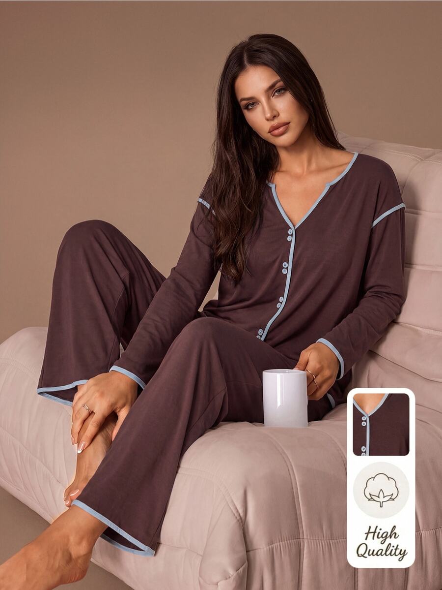 Lazeform 100% Cotton Contrast Trim Women's Pajama Set Casual Loungewear - Coffee Brown - View 1