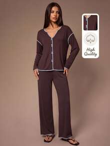 Lazeform 100% Cotton Contrast Trim Women's Pajama Set Casual Loungewear - Coffee Brown - View 2