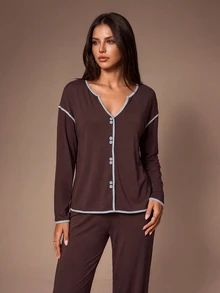 Lazeform 100% Cotton Contrast Trim Women's Pajama Set Casual Loungewear - Coffee Brown - View 4