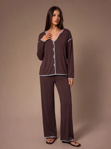 Lazeform 100% Cotton Contrast Trim Women's Pajama Set Casual Loungewear - Coffee Brown - View 5