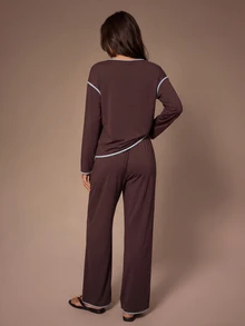 Lazeform 100% Cotton Contrast Trim Women's Pajama Set Casual Loungewear - Coffee Brown - View 9