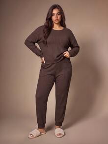 Lazeform Plus Size Casual Women's Set, Comfortable Cotton Solid Color Casual Loungewear Set - Brown - View 9