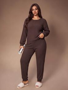 Lazeform Plus Size Casual Women's Set, Comfortable Cotton Solid Color Casual Loungewear Set - Brown - View 5