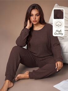 Lazeform Plus Size Casual Women's Set, Comfortable Cotton Solid Color Casual Loungewear Set - Brown - View 1