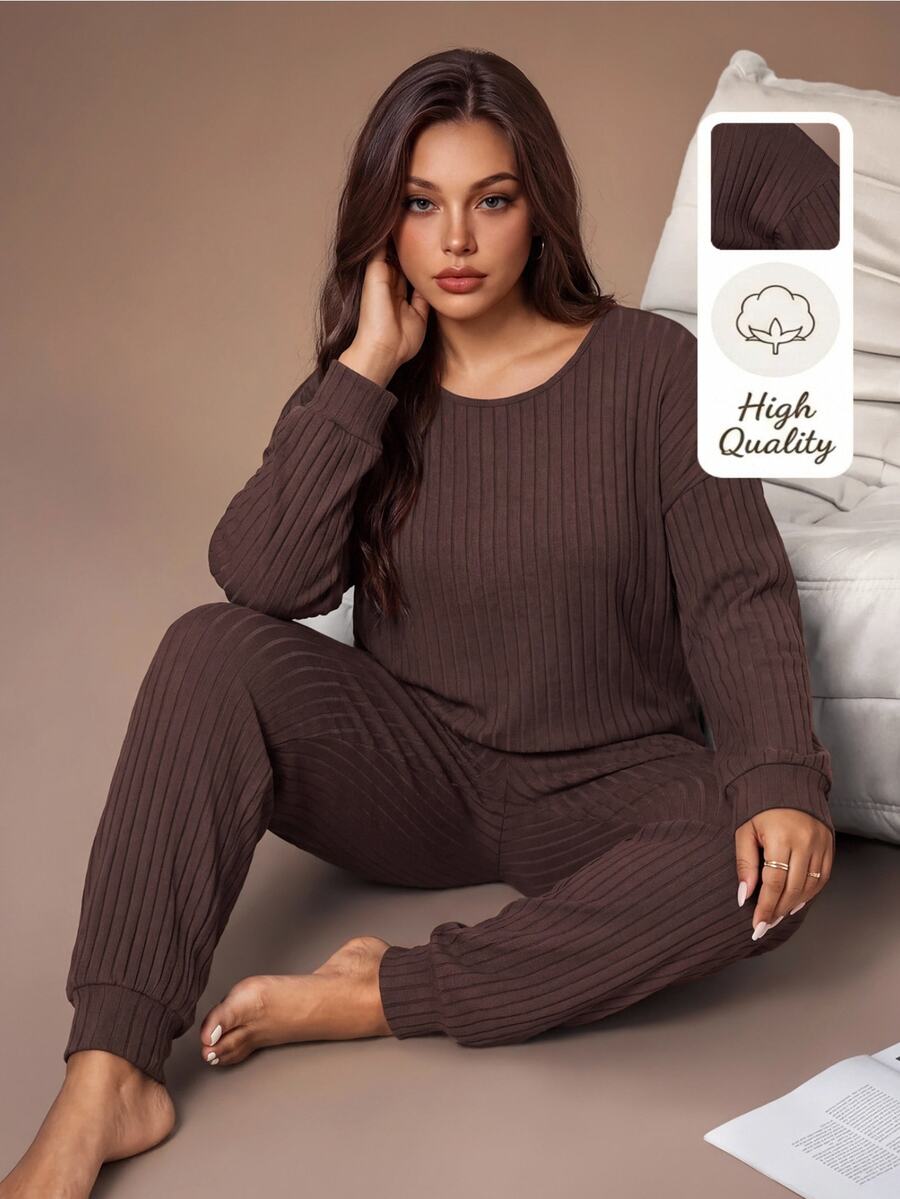Lazeform Plus Size Casual Women's Set, Comfortable Cotton Solid Color Casual Loungewear Set - Brown - View 1