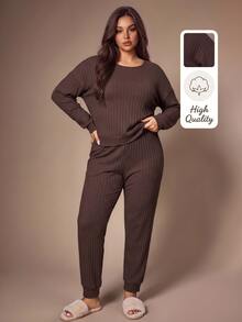 Lazeform Plus Size Casual Women's Set, Comfortable Cotton Solid Color Casual Loungewear Set - Brown - View 2