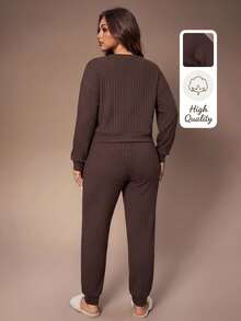 Lazeform Plus Size Casual Women's Set, Comfortable Cotton Solid Color Casual Loungewear Set - Brown - View 3