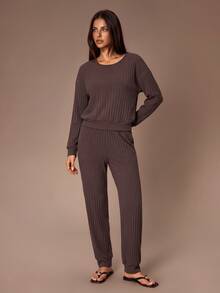 Lazeform Bộ đồ mặc nhà nữ thời trang thường ngày, chất cotton thoải mái, màu trơn, phù hợp mặc ngoài trời - màu nâu - Xem 5