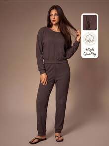 Lazeform Bộ đồ mặc nhà nữ thời trang thường ngày, chất cotton thoải mái, màu trơn, phù hợp mặc ngoài trời - màu nâu - Xem 2