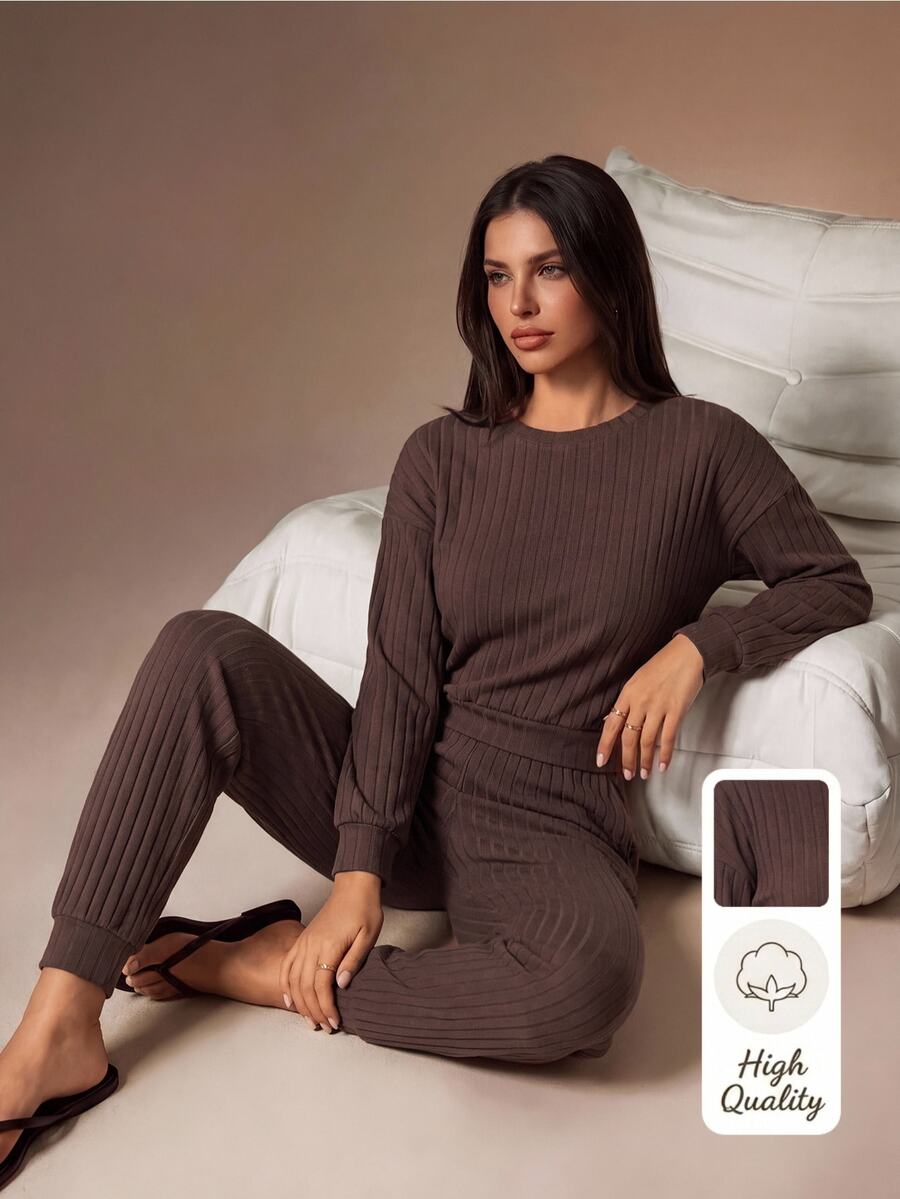 Lazeform Bộ đồ mặc nhà nữ thời trang thường ngày, chất cotton thoải mái, màu trơn, phù hợp mặc ngoài trời - màu nâu - Xem 1