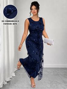 Elenzga Plus Size 3D Floral 2 In 1 Round Neck Sleeveless Front Panel Patchwork Embroidered 3D Flower Mesh Front Center Twist Design Fashion Elegant Commute Street Date Plus Size Long Dress - Royal Blue - View 7