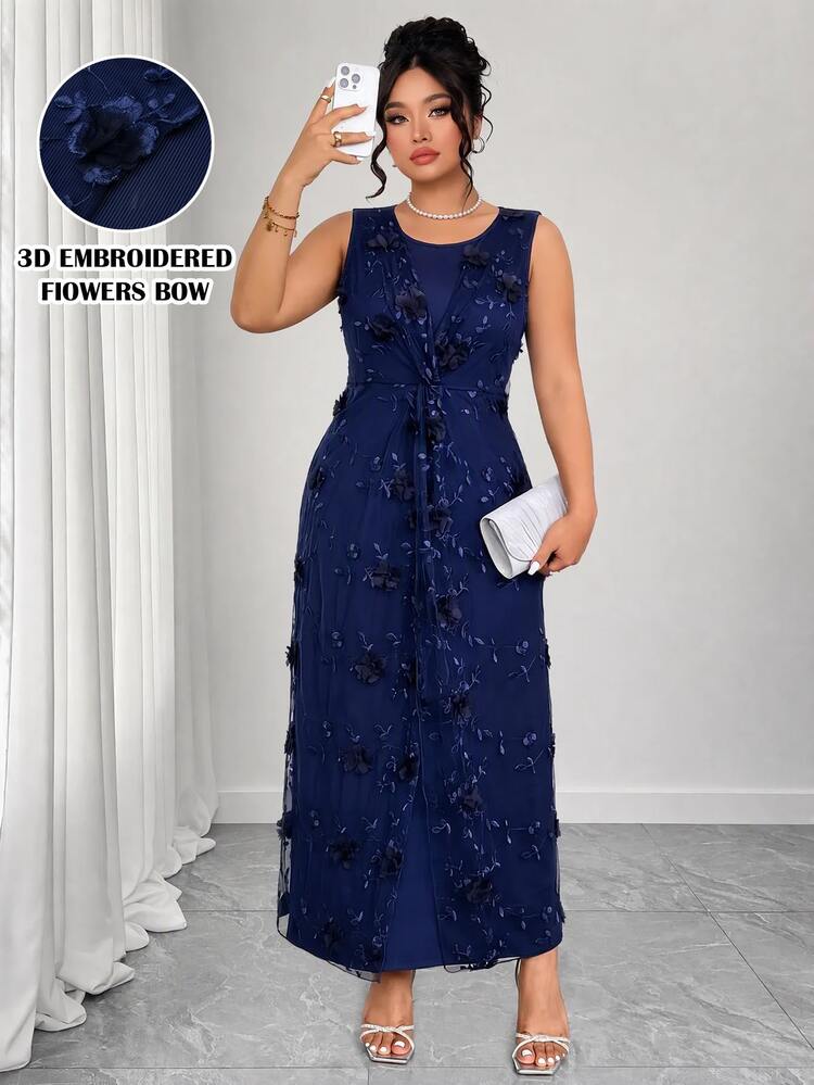 Elenzga Plus Size 3D Floral 2 In 1 Round Neck Sleeveless Front Panel Patchwork Embroidered 3D Flower Mesh Front Center Twist Design Fashion Elegant Commute Street Date Plus Size Long Dress - Royal Blue - View 6