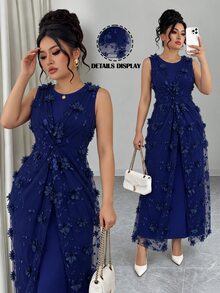 Elenzga Plus Size 3D Floral 2 In 1 Round Neck Sleeveless Front Panel Patchwork Embroidered 3D Flower Mesh Front Center Twist Design Fashion Elegant Commute Street Date Plus Size Long Dress - Royal Blue - View 1