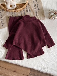 SHEIN 3件組幼女毛衣喇叭褲套裝 優雅酒紅色 3D蝴蝶結荷葉邊 長袖小高領 加厚款 生日派對 冬季秋季節日髮箍 - 紫色 - 查看 2