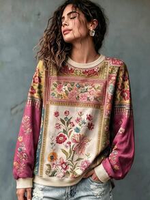 Glimmora Women's Floral Print Round Neck Long Sleeve Sweatshirt For Vacation - Multicolor - View 3