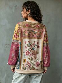 Glimmora Women's Floral Print Round Neck Long Sleeve Sweatshirt For Vacation - Multicolor - View 4