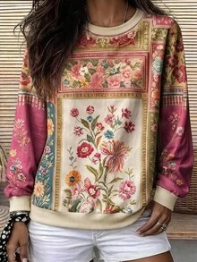 Glimmora Women's Floral Print Round Neck Long Sleeve Sweatshirt For Vacation - Multicolor - View 1
