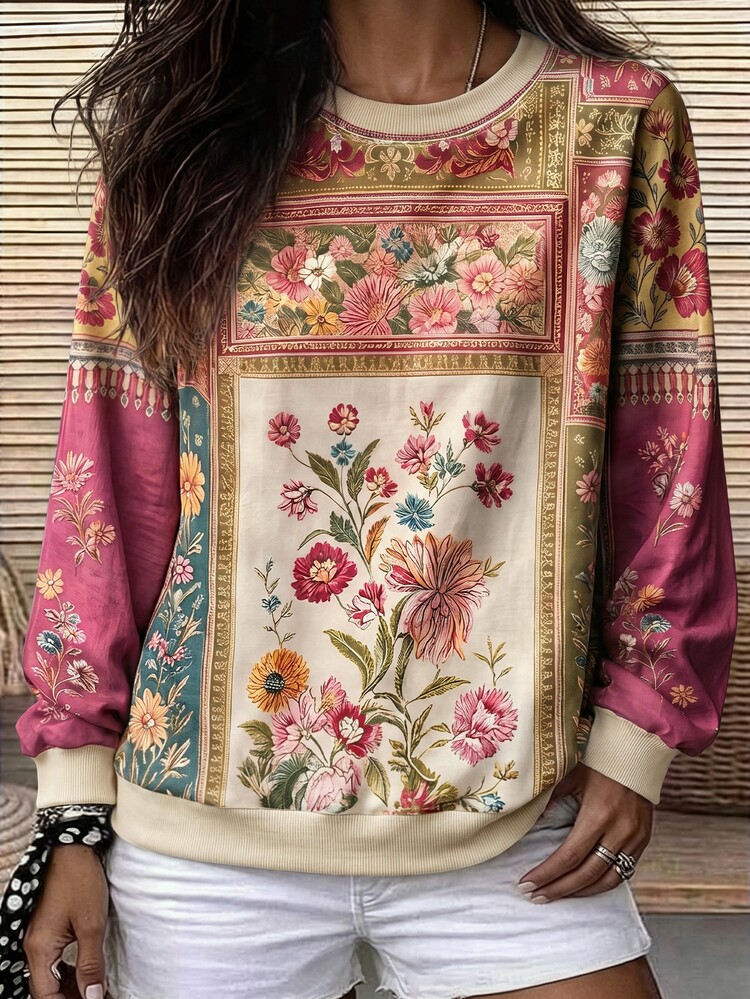 Selamara 女款花卉印花圓領長袖休閒衛衣，適合度假穿著 - 彩色 - 查看 1