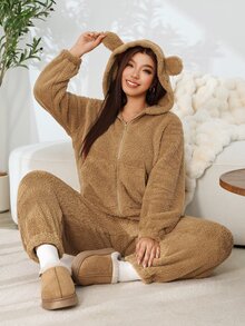Solflare Plus Size Women Solid Color Casual Daily Wear Hooded Jumpsuit - Brown - View 3