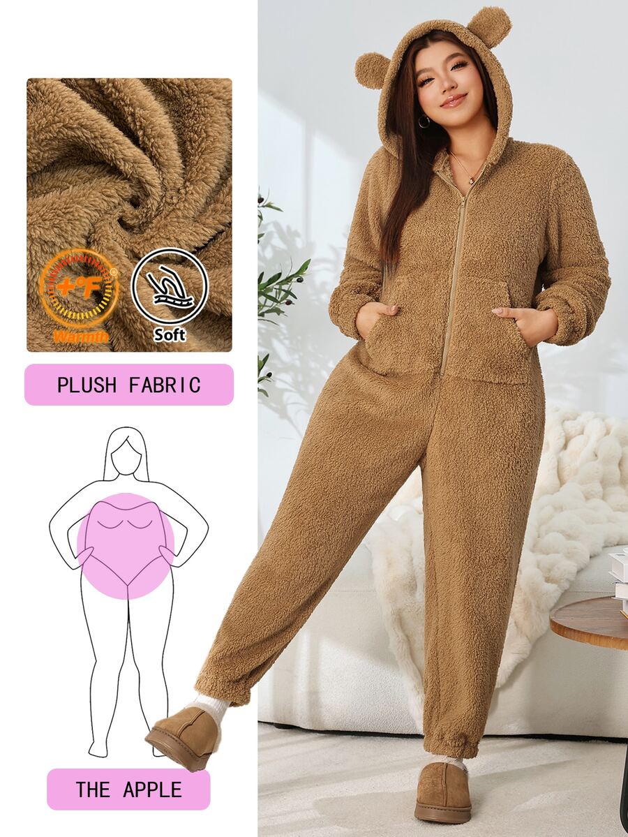 Solflare Plus Size Women Solid Color Casual Daily Wear Hooded Jumpsuit - Brown - View 1
