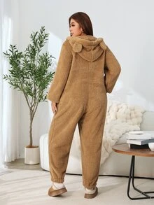Solflare Plus Size Women Solid Color Casual Daily Wear Hooded Jumpsuit - Brown - View 2