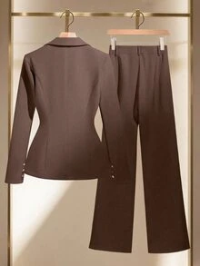 Rafferiza Blazer Wanita Elegan untuk Perjalanan Kerja, Kerah Lapel, Warna Biru Polos, Kancing Emas, Musim Gugur/Musim Dingin + Celana Saku, Serbaguna - Coklat - View 2