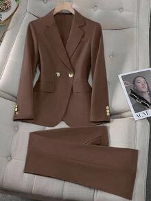 Rafferiza Blazer Wanita Elegan untuk Perjalanan Kerja, Kerah Lapel, Warna Biru Polos, Kancing Emas, Musim Gugur/Musim Dingin + Celana Saku, Serbaguna - Coklat - View 1