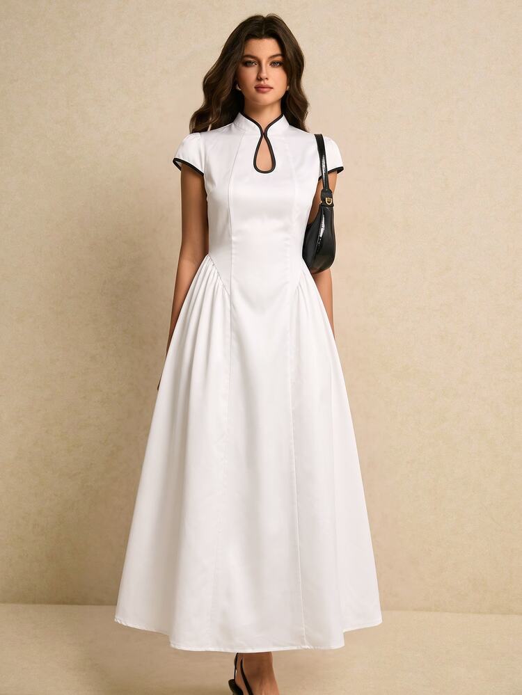 Poéselle Women's White Mandarin Collar Midi Dress – Contrast Trim Keyhole Cap Sleeve Fit-And-Flare Dress White Dress Elegant Dresses Summer Dress - Black and White - View 7