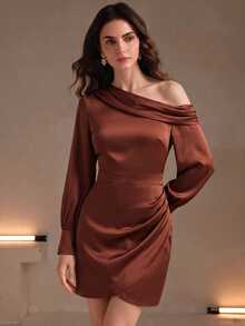 Anewsta New Elegant Women's Asymmetrical Shoulder Pleated Design High-End Commuter Fashion Dress - Redwood - View 6
