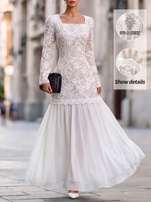SHEIN Women's Long Dress Mesh Patchwork Lace Trim Dress Elegant Fashion Luxury Autumn/Winter Party Wear - Apricot - View 5