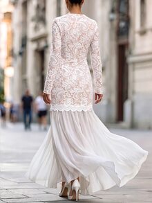SHEIN Women's Long Dress Mesh Patchwork Lace Trim Dress Elegant Fashion Luxury Autumn/Winter Party Wear - Apricot - View 2