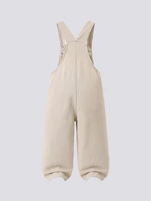 SHEIN Elladie kids 女童牛仔吊帶褲，四季新款，休閒百搭，復古牛仔卡其色，粉色與白色愛心刺繡，寬鬆直筒版型，舒適優質棉質牛仔布，日常穿著，時尚百搭造型，四季女童牛仔吊帶褲 - 卡其色 - 查看 3