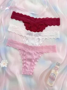 Lowkey Lull 3pcs/Set Lace Patchwork Bowknot Sexy Comfortable Charming Colorful Girls Thong Panties - Multicolor - View 2