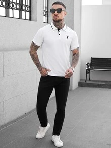 Manfinity CasualCool 男士休闲撞色短袖 Polo 衫，夏季百搭 - 白色 - 查看 4