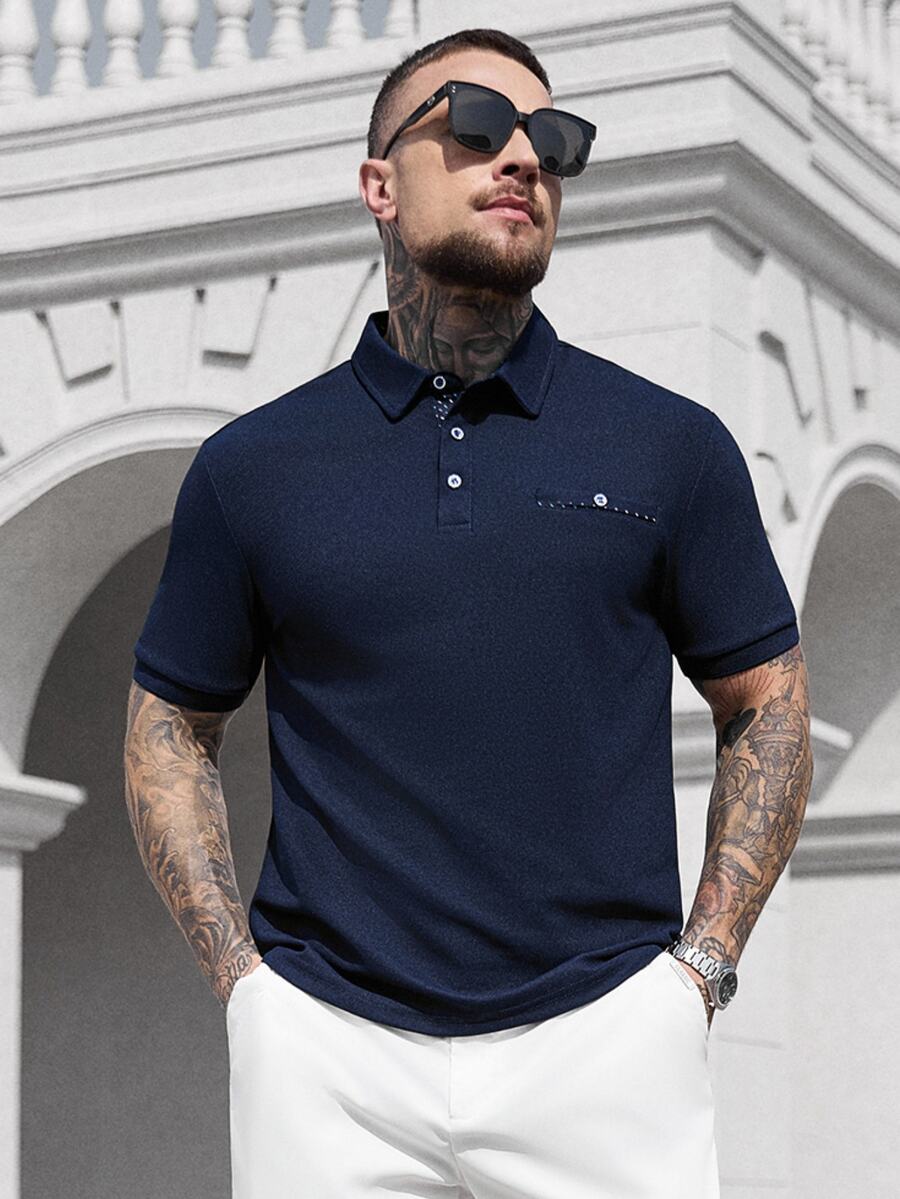 Manfinity CasualCool 大码男士夏季短袖休闲通勤 Polo 衫 - 藍色 - 查看 1