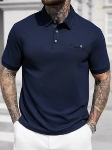 Manfinity CasualCool 大码男士夏季短袖休闲通勤 Polo 衫 - 藍色 - 查看 3